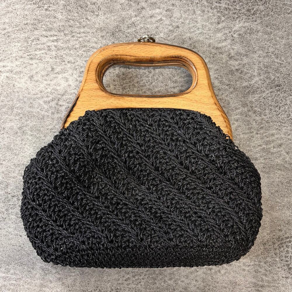 Black Crochet Wooden Handle Mini Handbag